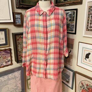 Soft Surroundings Womens Red Plaid Linen Button-Up Long Sleeve Shirt Size 3X